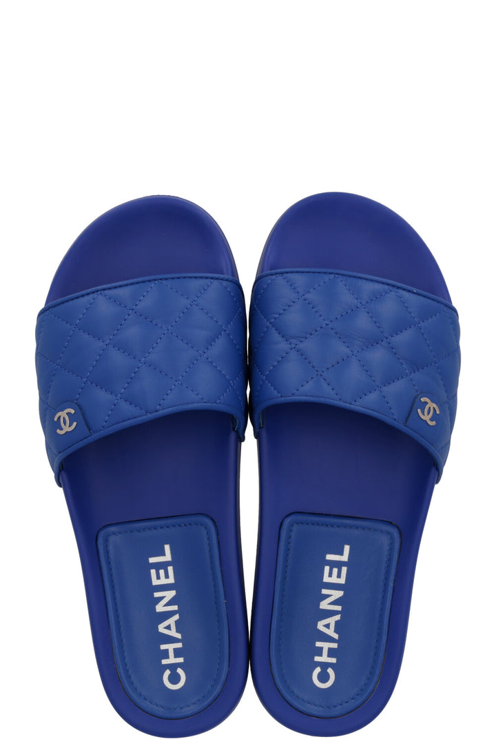 CHANEL CC Quilted Slides Leather Blue