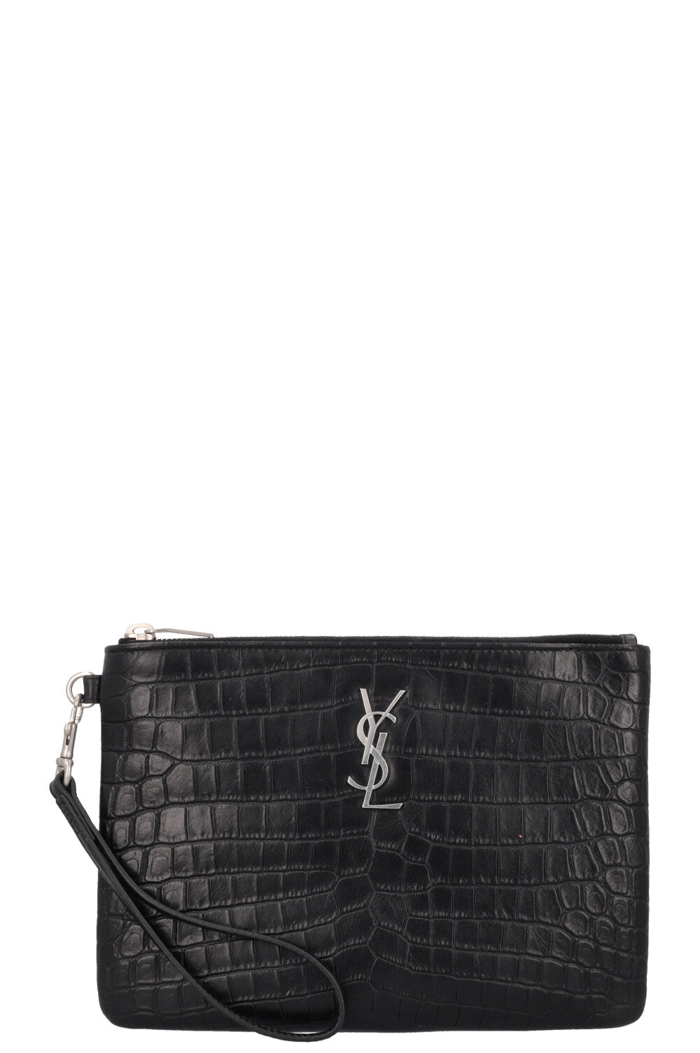 SAINT LAURENT Cassandre Pochette Croc Embossed Black
