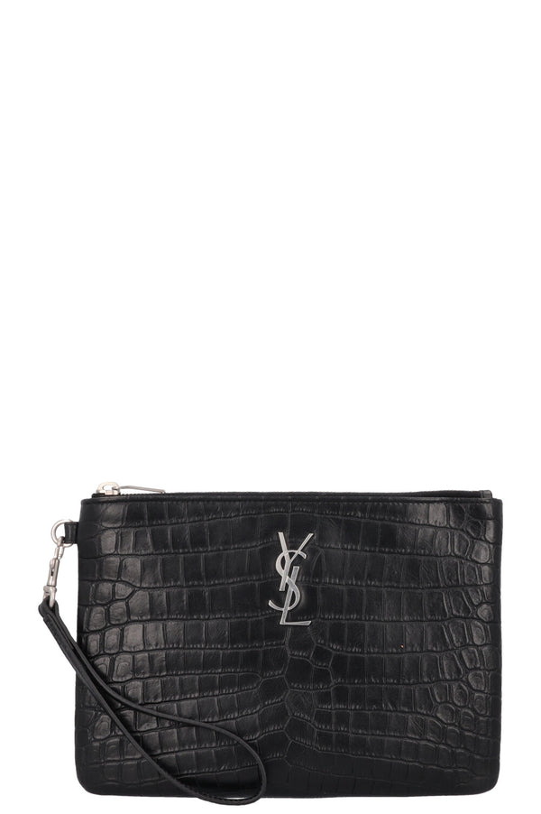 SAINT LAURENT Cassandre Pochette Croc Embossed Black