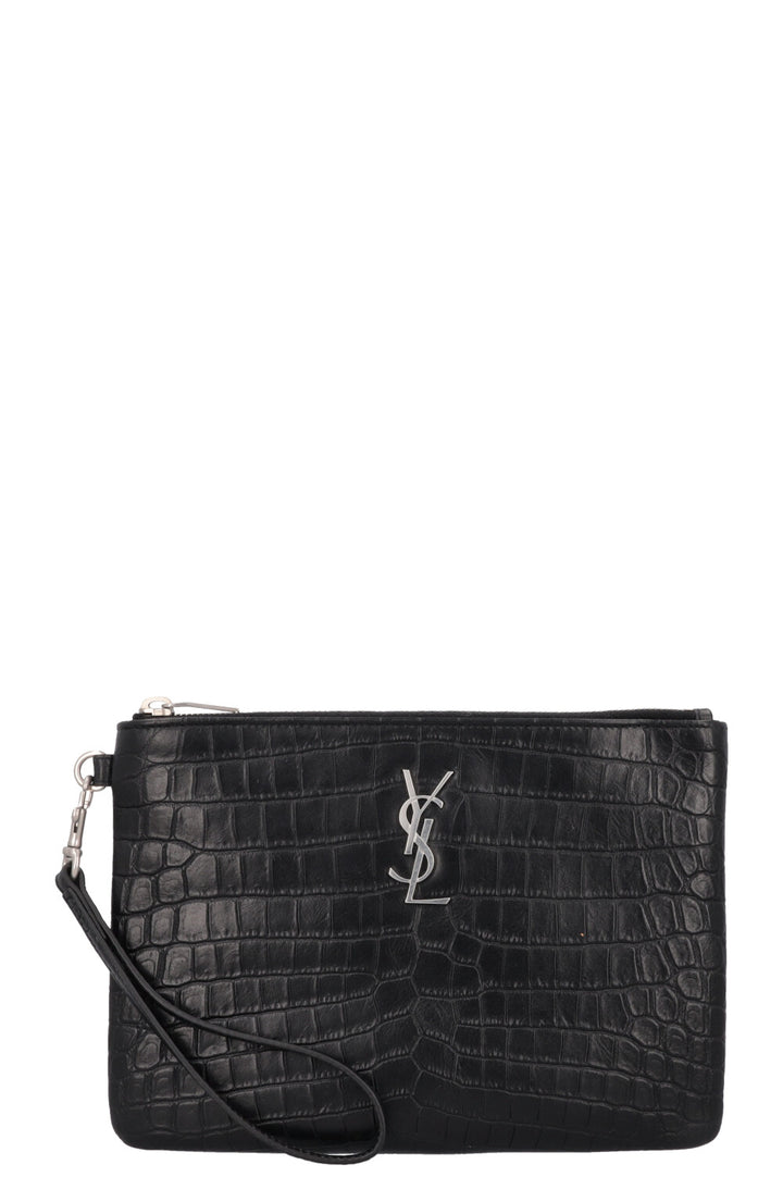 SAINT LAURENT Cassandre Pochette Croc Embossed Black