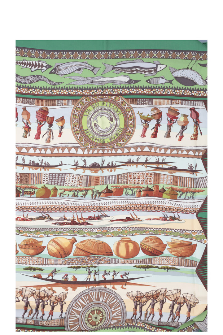 HERMÈS Foulard En Soie Vie Du Fleuve 90 Vert