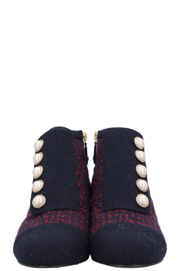 CHANEL Tweed Boots Navy Red Pearl