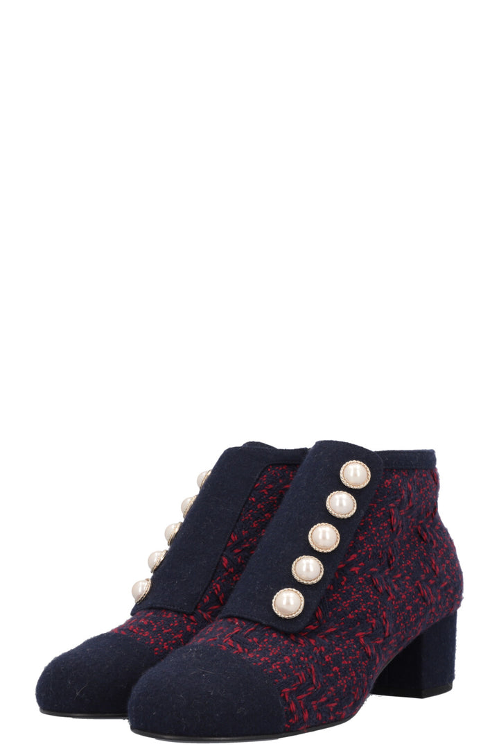 CHANEL Tweed Boots Navy Red Pearl