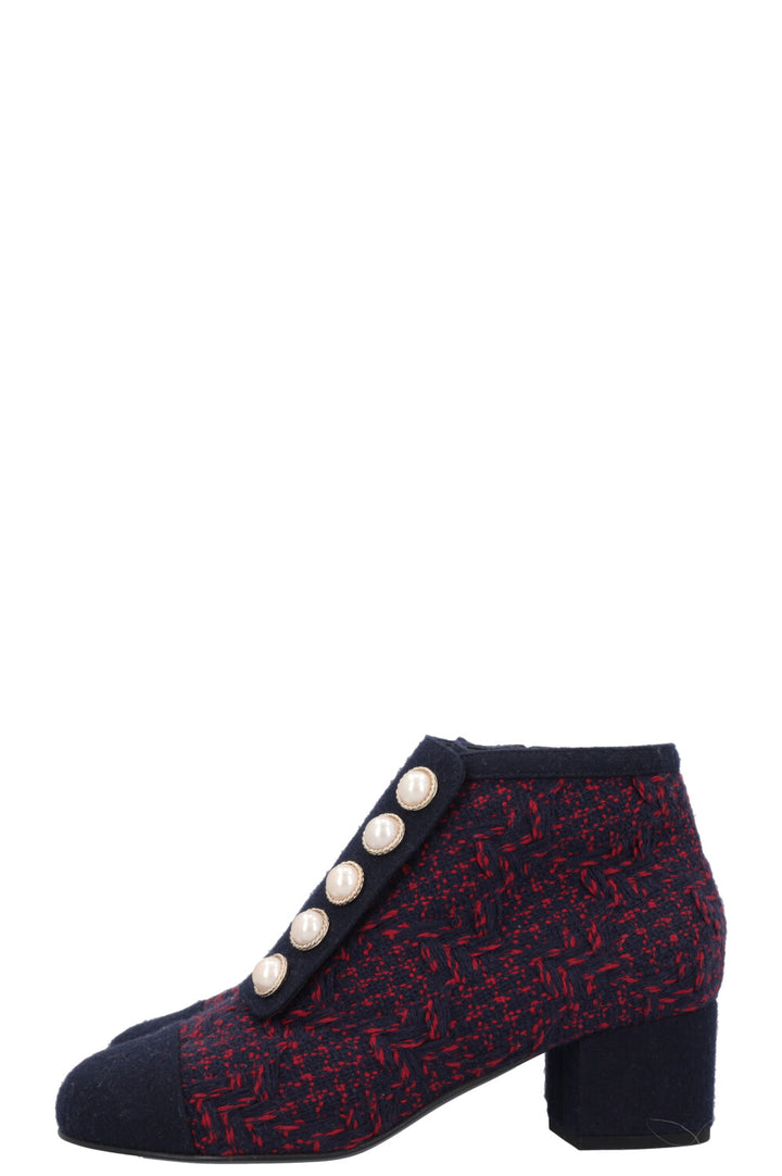 CHANEL Tweed Boots Navy Red Pearl