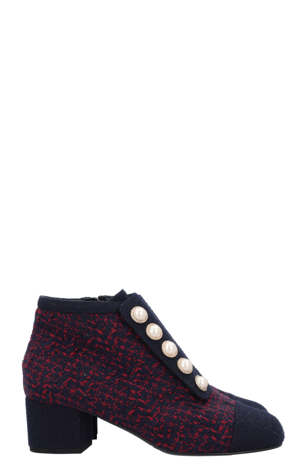 CHANEL Tweed Boots Navy Red Pearl