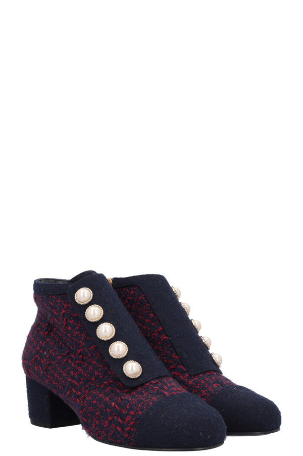 CHANEL Bottes en tweed bleu marine rouge perle