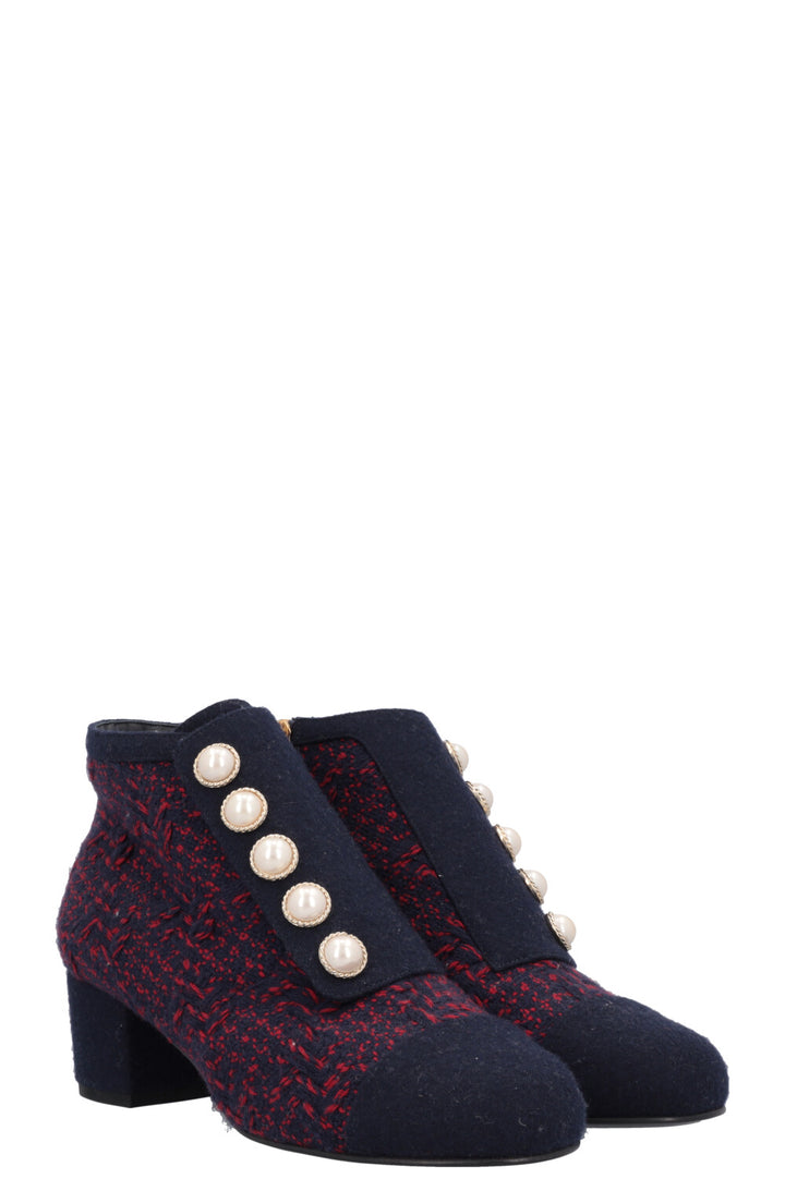 CHANEL Tweed Boots Navy Red Pearl