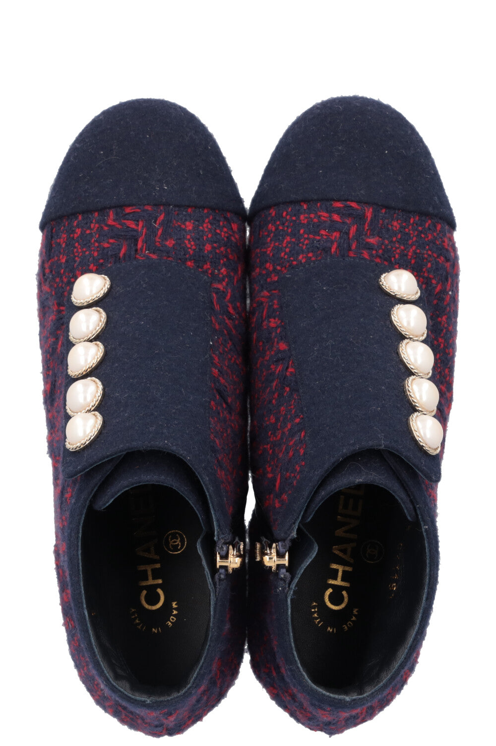 CHANEL Tweed Boots Navy Red Pearl