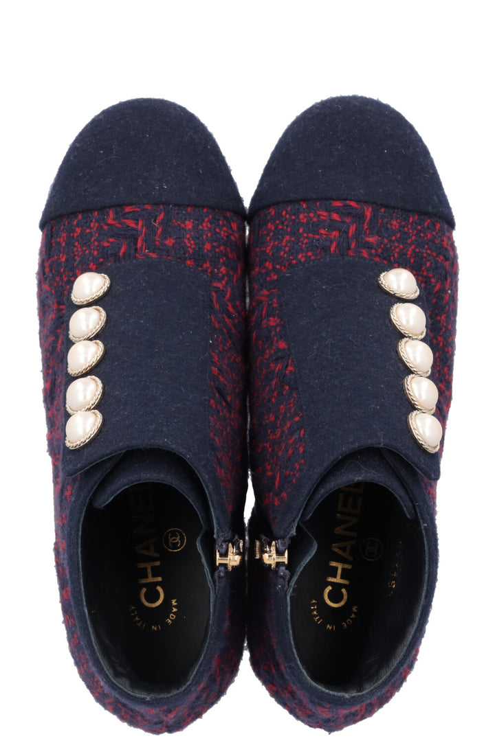 CHANEL Tweed Boots Navy Red Pearl