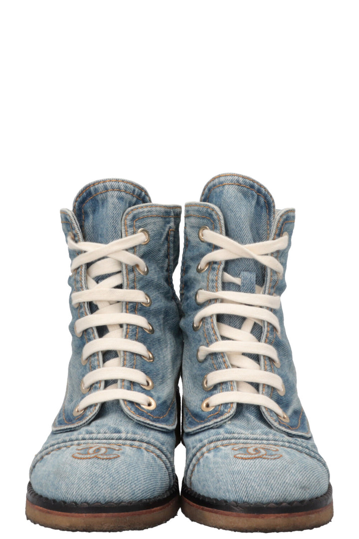 CHANEL Denim CC Ankle Lace Up Boots