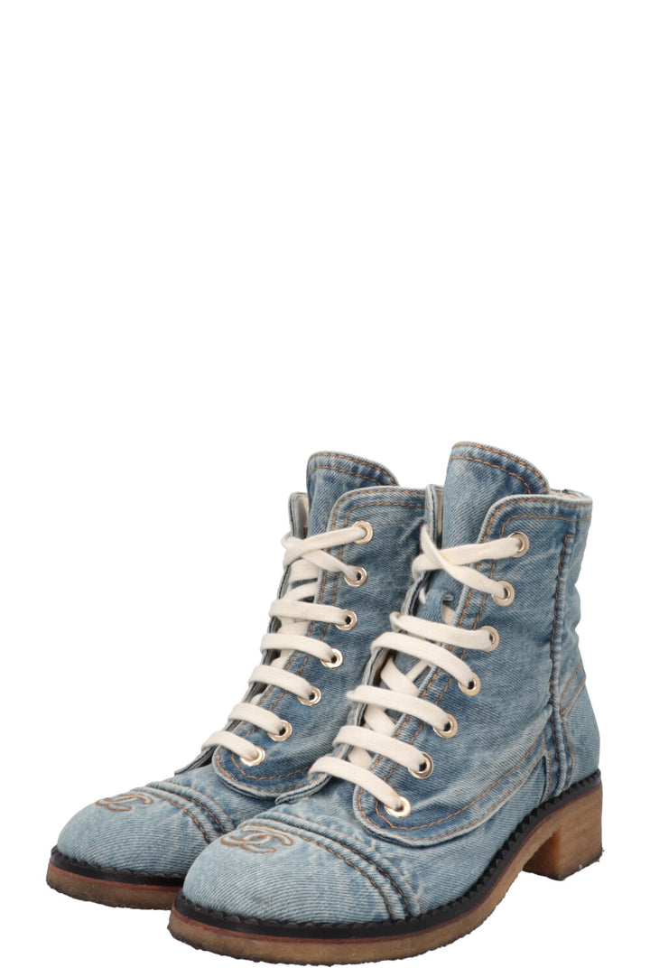 CHANEL Denim CC Ankle Lace Up Boots