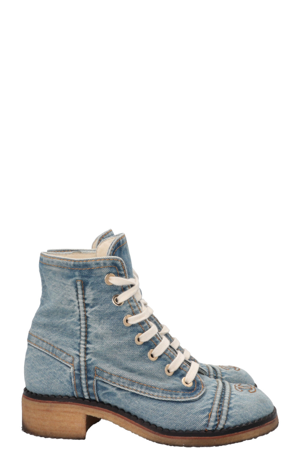 CHANEL Denim CC Ankle Lace Up Boots