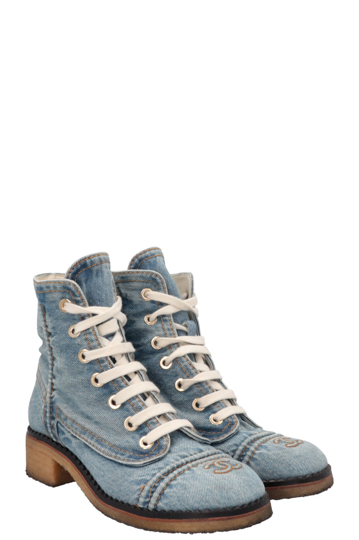 CHANEL Denim CC Ankle Lace Up Boots