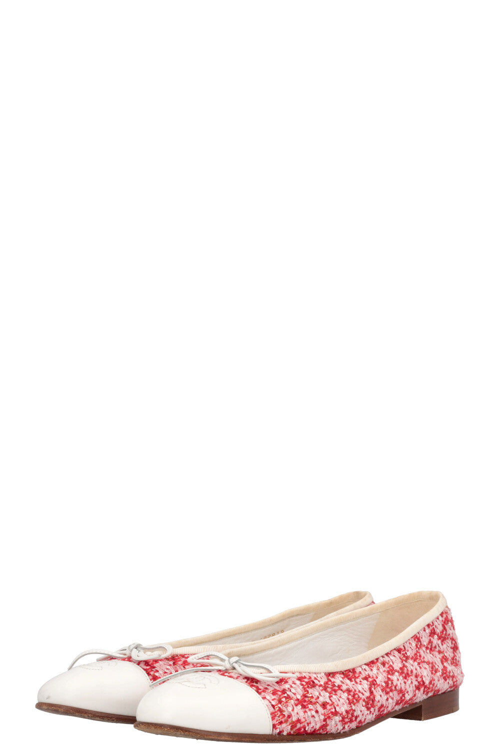 CHANEL Classic Ballet Flats Tweed Red White Sequins