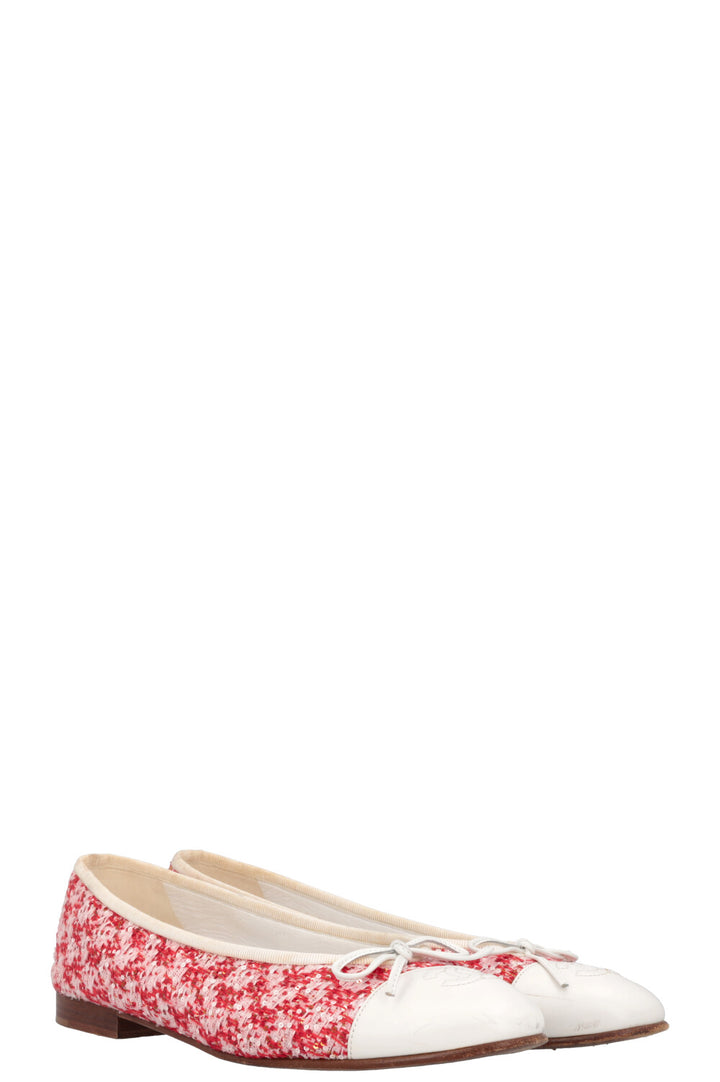 CHANEL Classic Ballet Flats Tweed Red White Sequins