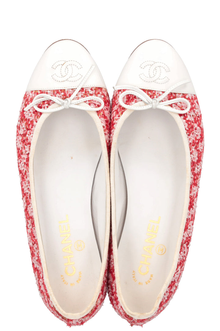 CHANEL Classic Ballet Flats Tweed Red White Sequins