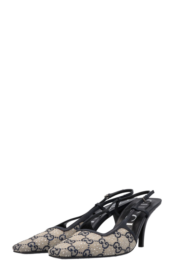 GUCCI Slingback Heels Crystal GG Canvas Blue