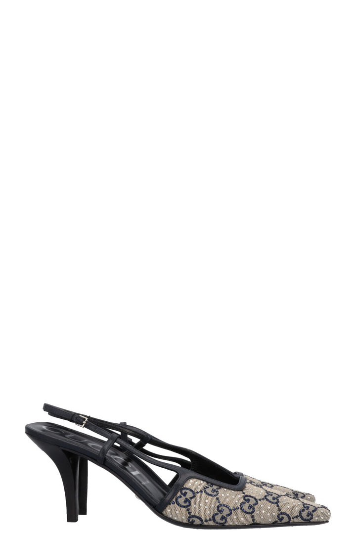GUCCI Slingback Heels Crystal GG Canvas Blue