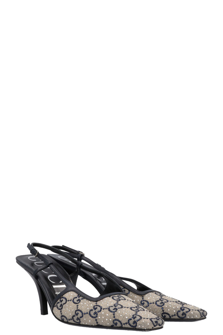 GUCCI Slingback Heels Crystal GG Canvas Blue