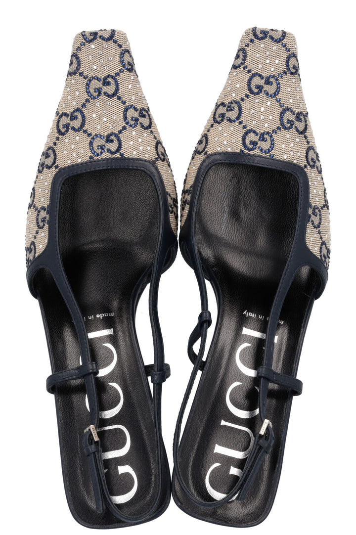GUCCI Slingback Heels Crystal GG Canvas Blue