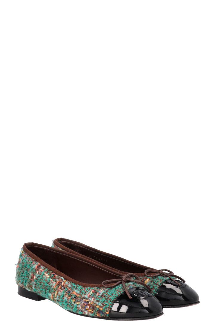 CHANEL CC Ballet Flats Tweed Green