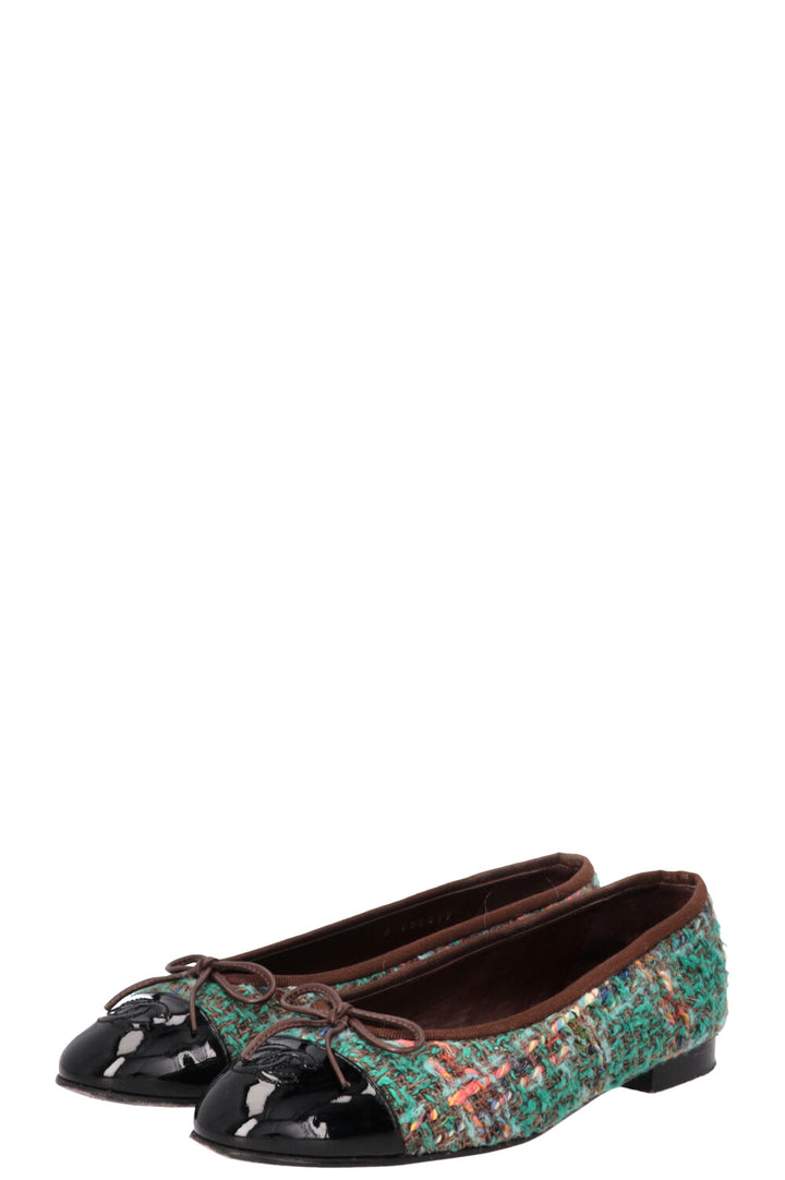 CHANEL CC Ballet Flats Tweed Green