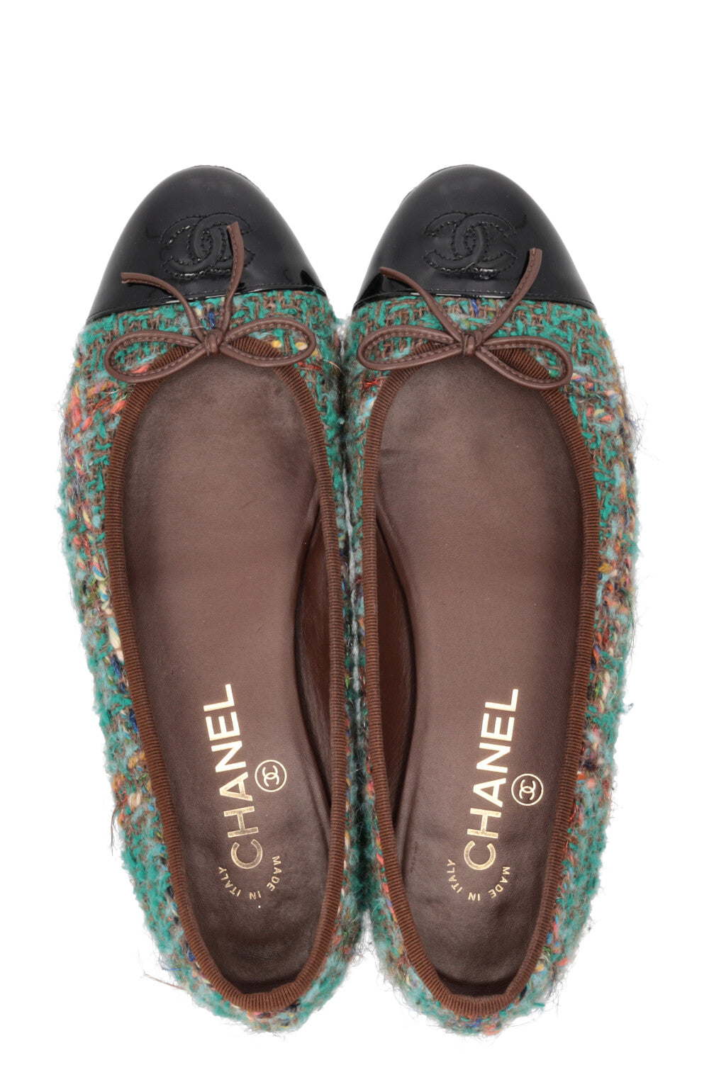 CHANEL CC Ballet Flats Tweed Green