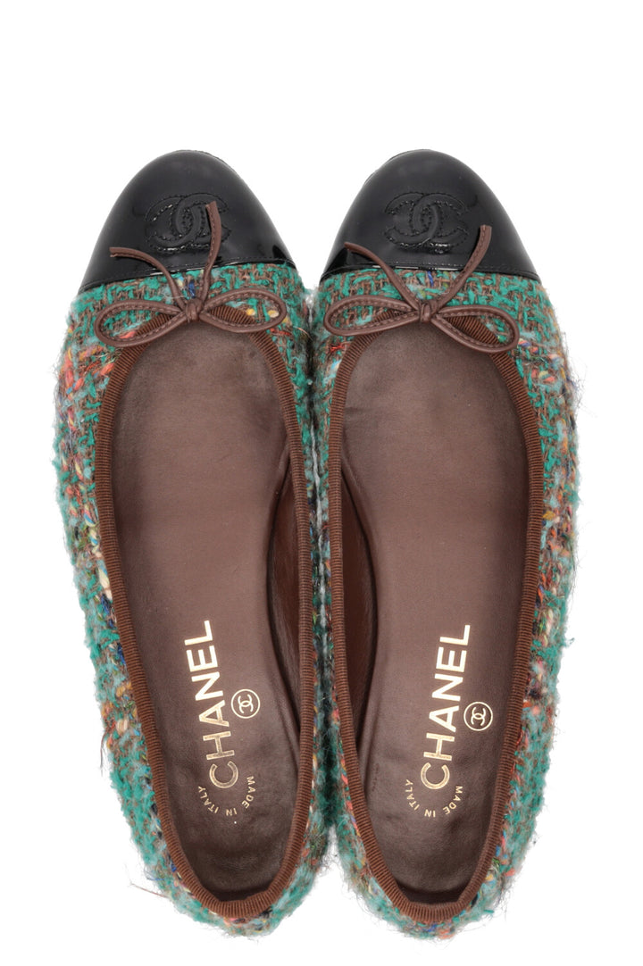 CHANEL CC Ballet Flats Tweed Green
