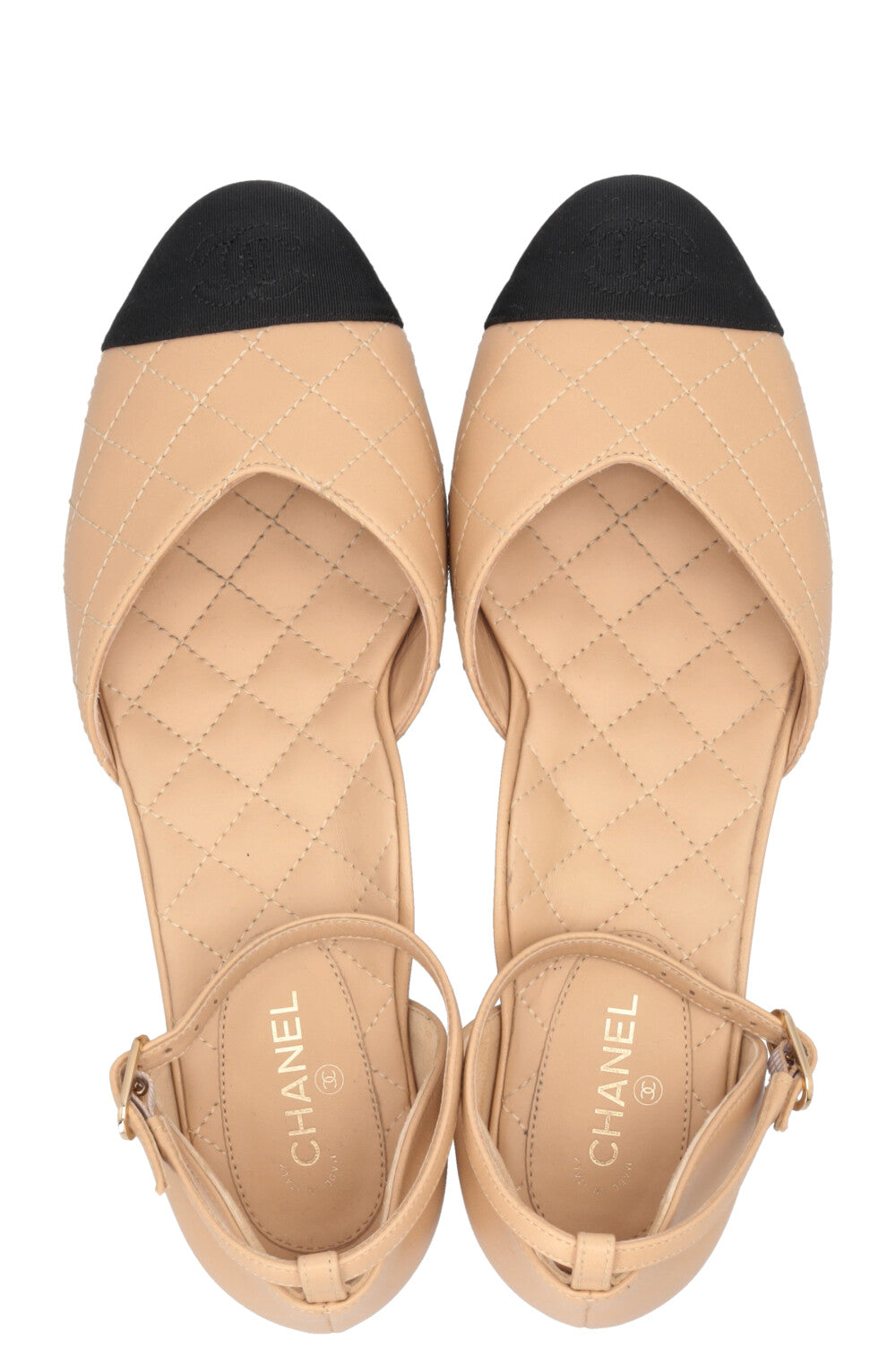 CHANEL CC Cap Toe Quilted Sandals Flats Nude