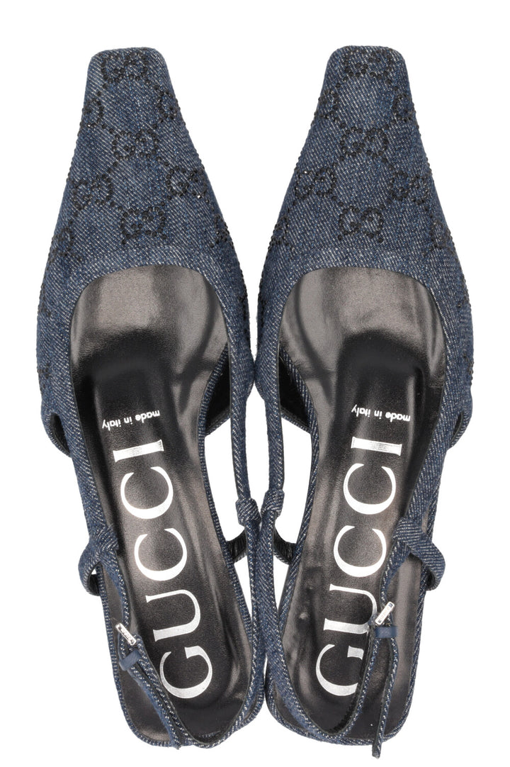 GUCCI GG Slingback Flats Crystal Denim Blue