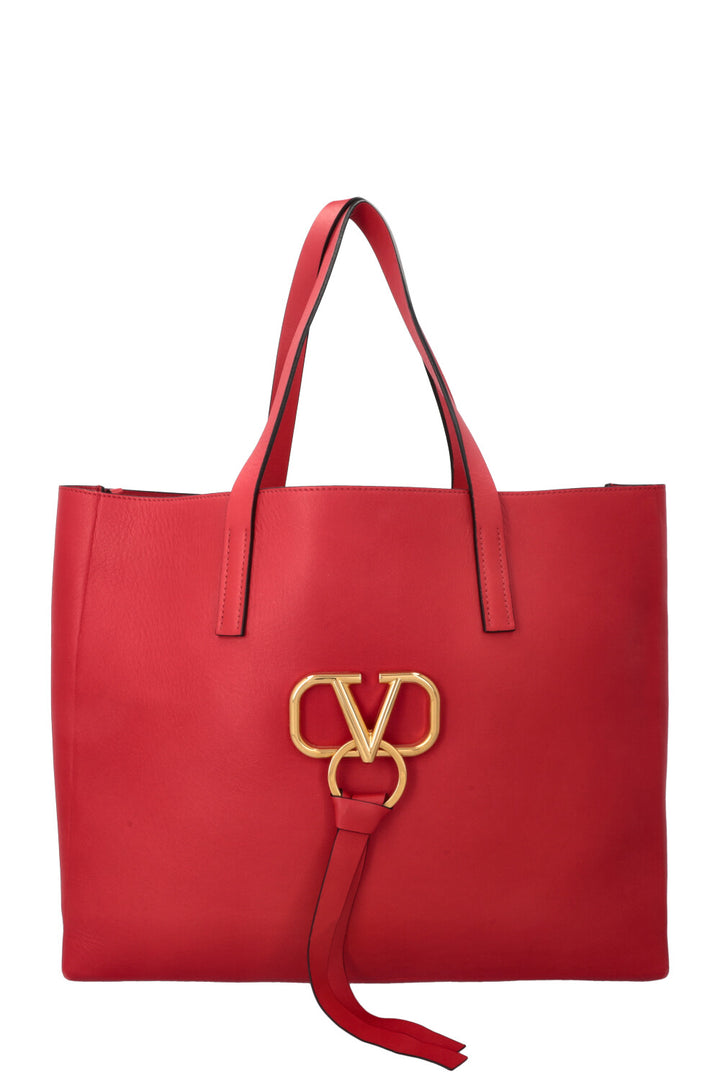 VALENTINO V Logo Tote Bag Leather Red