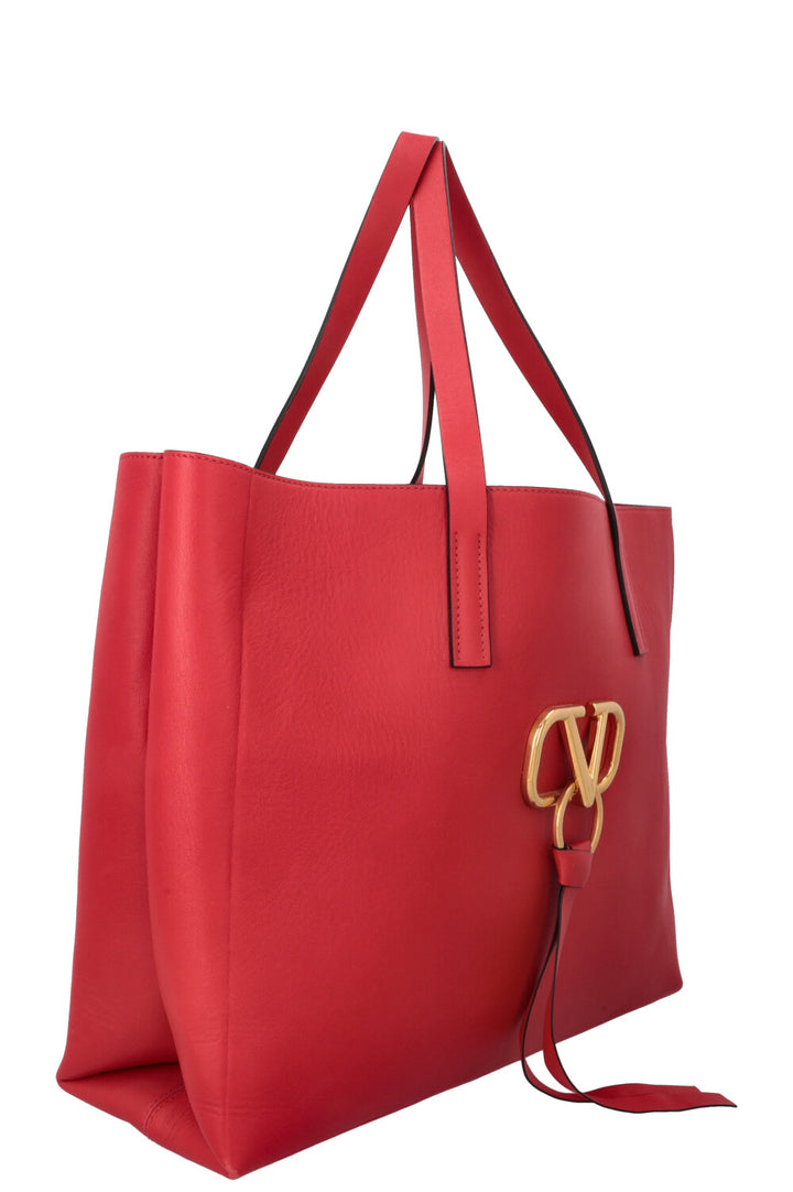 VALENTINO V Logo Tote Bag Leather Red