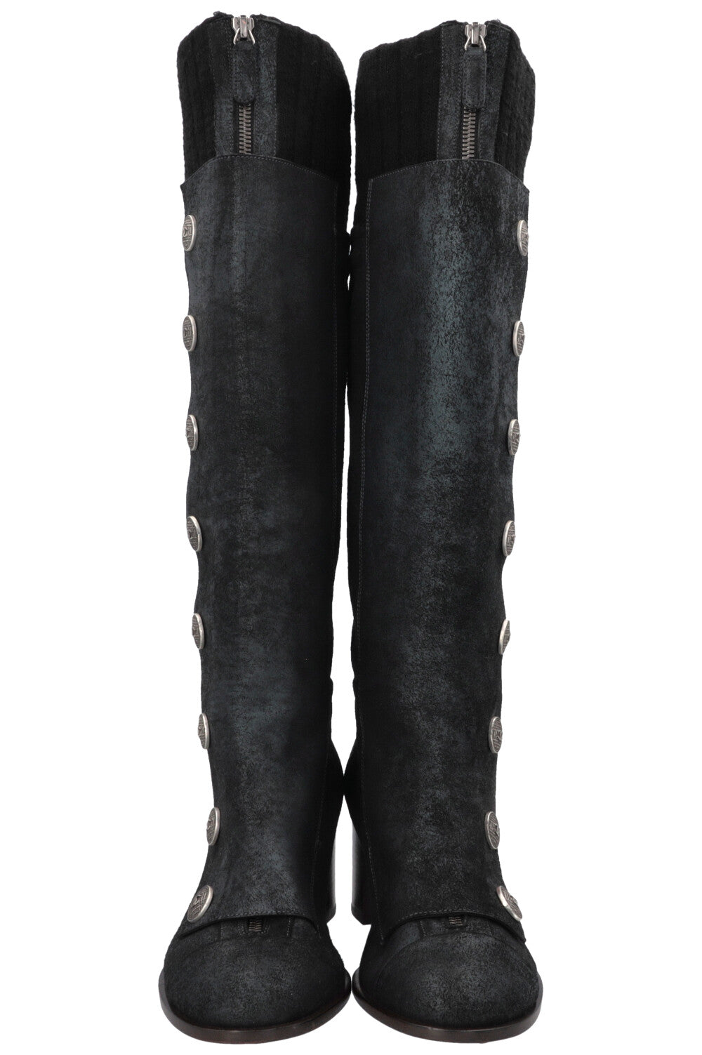 CHANEL Button Knee High Knit Boots Leather
