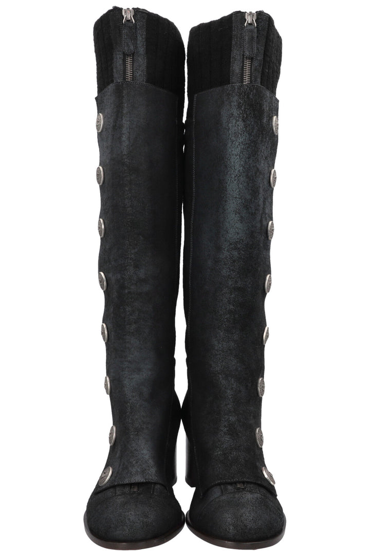 CHANEL Button Knee High Knit Boots Leather