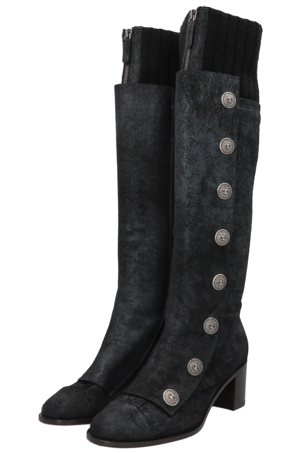 CHANEL Button Knee High Knit Boots Leather