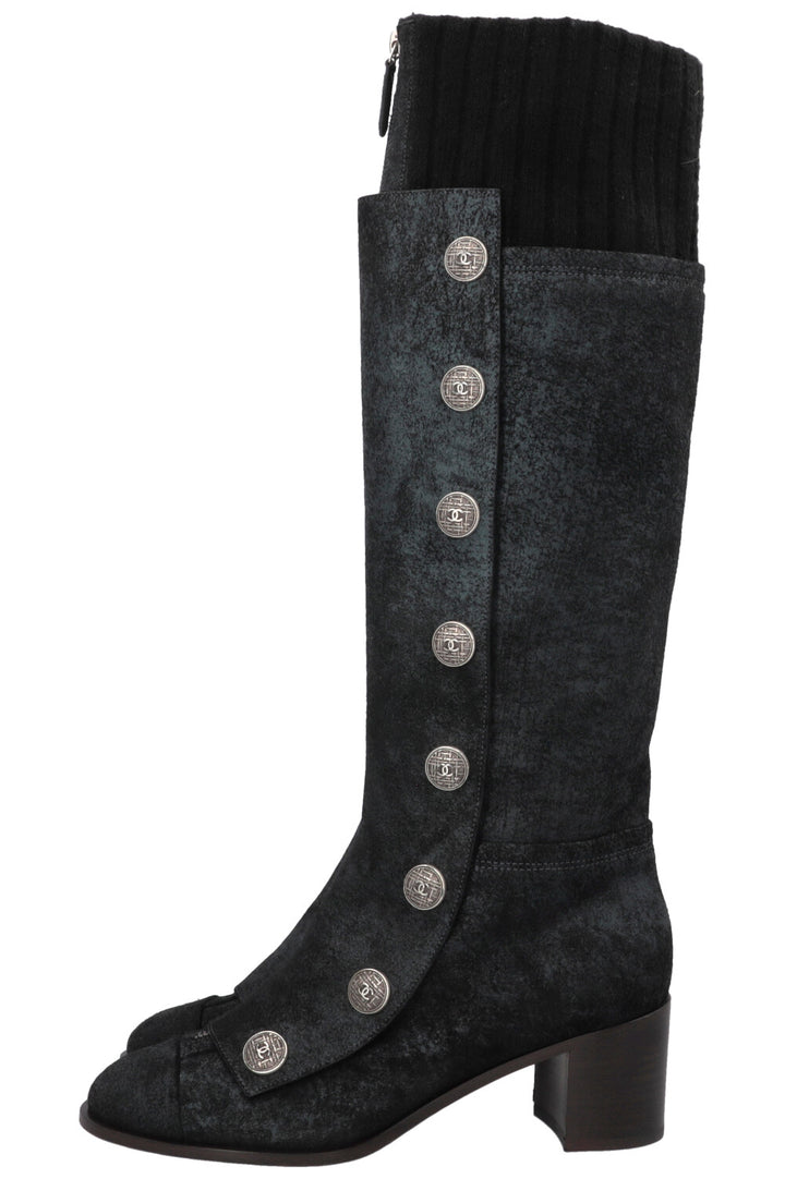 CHANEL Button Knee High Knit Boots Leather