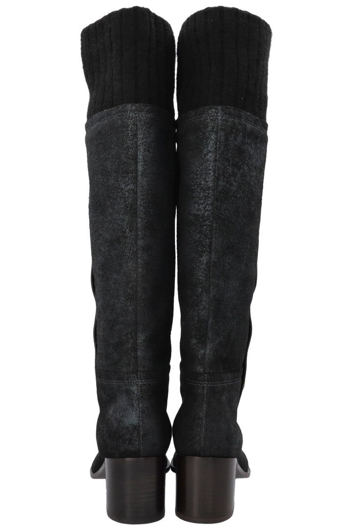 CHANEL Button Knee High Knit Boots Leather