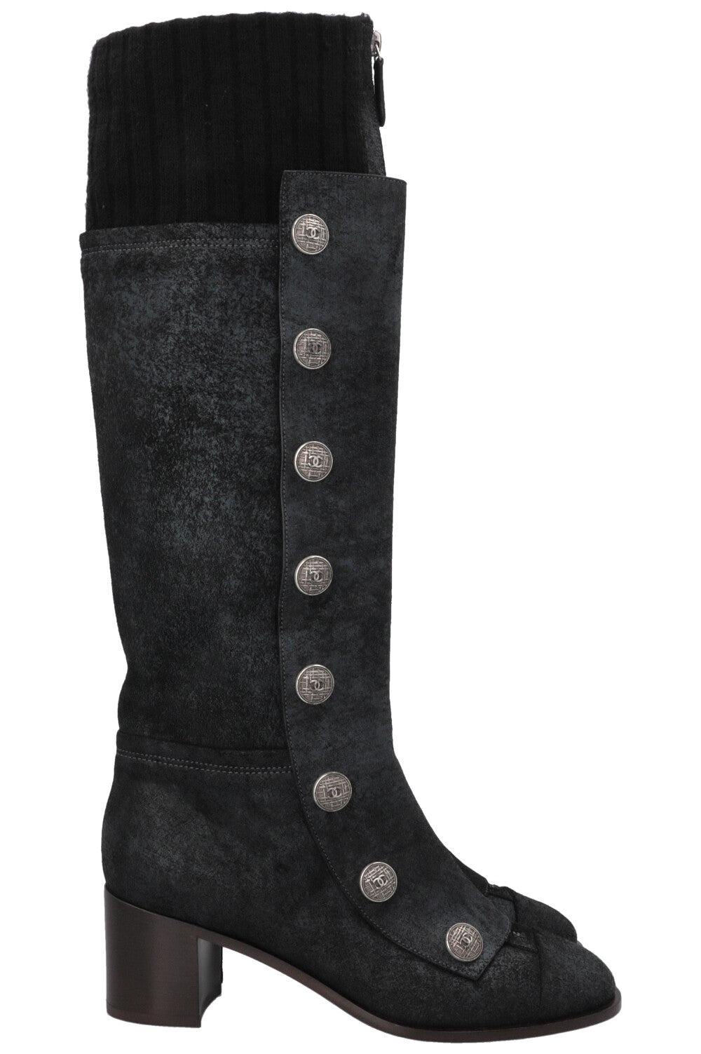 CHANEL Button Knee High Knit Boots Leather