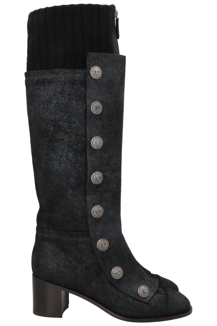 CHANEL Button Knee High Knit Boots Leather