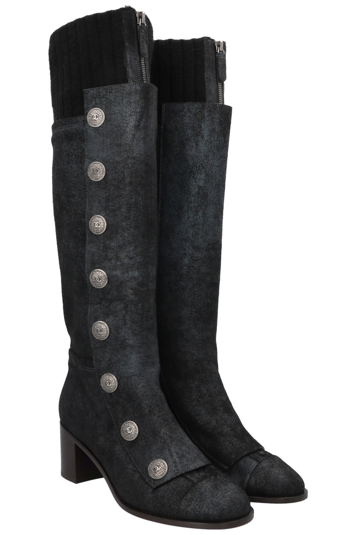 CHANEL Button Knee High Knit Boots Leather
