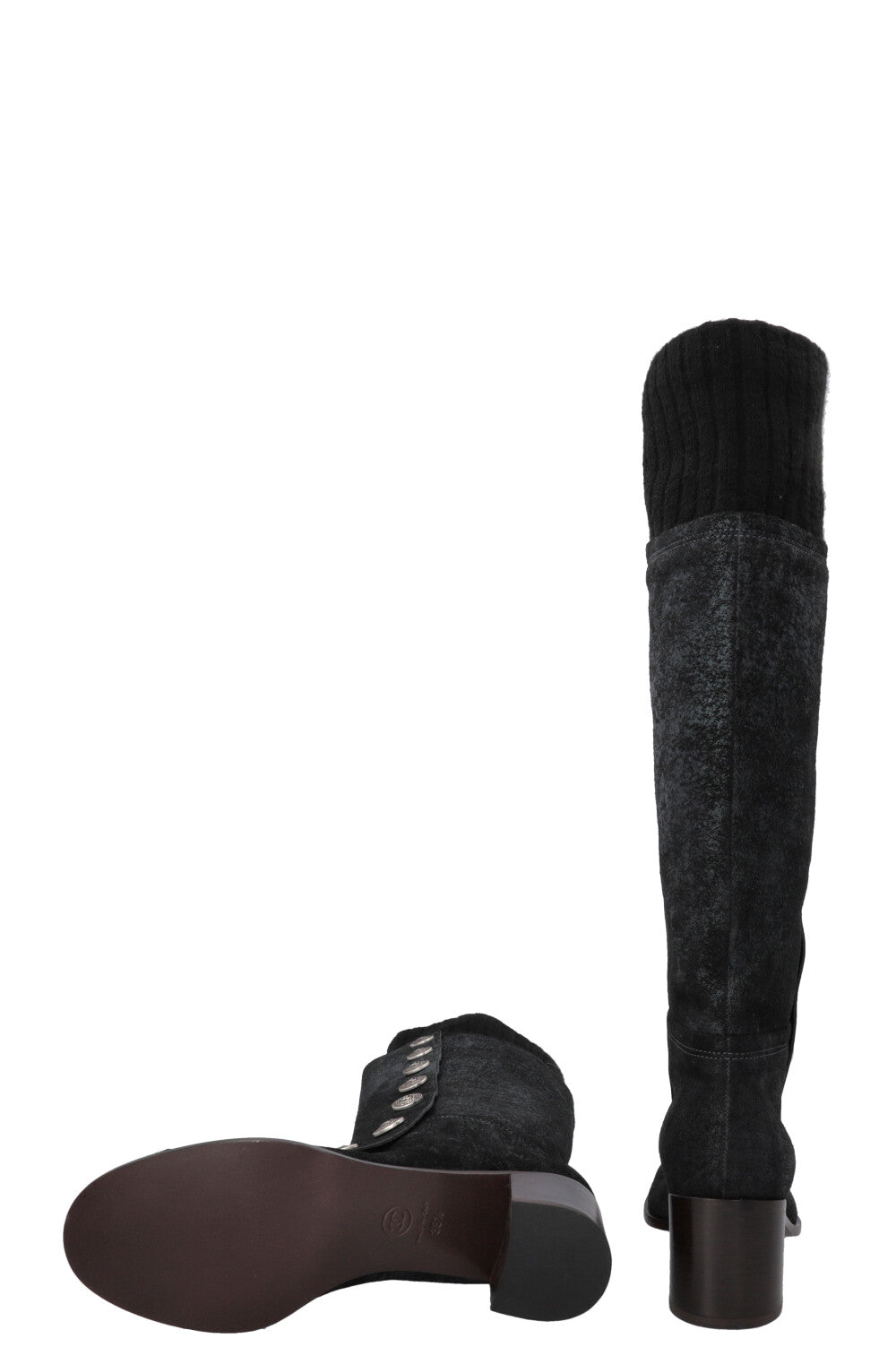 CHANEL Button Knee High Knit Boots Leather