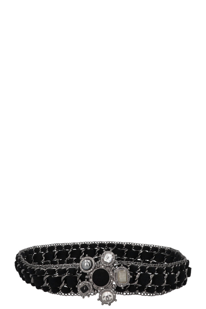 CHANEL 2005 Cross Chain Tweed Belt Black