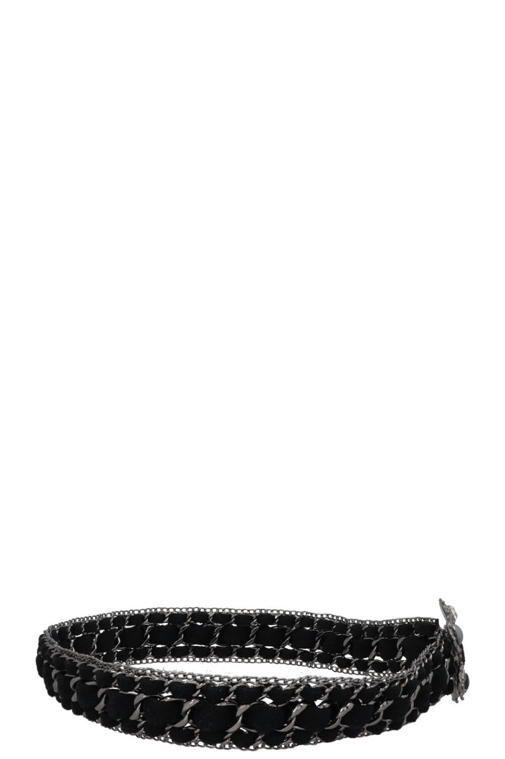 CHANEL 2005 Cross Chain Tweed Belt Black