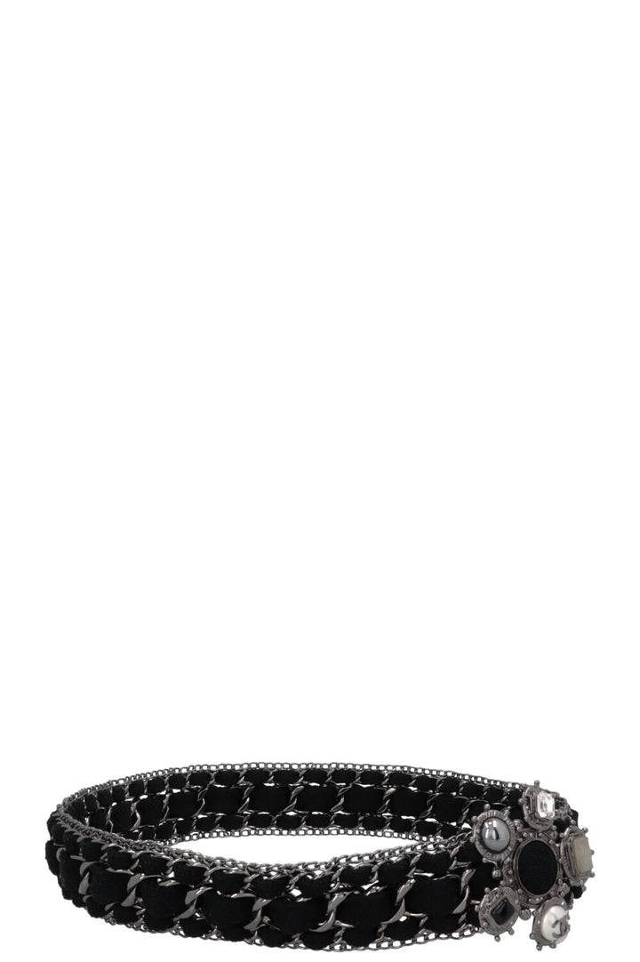 CHANEL 2005 Cross Chain Tweed Belt Black