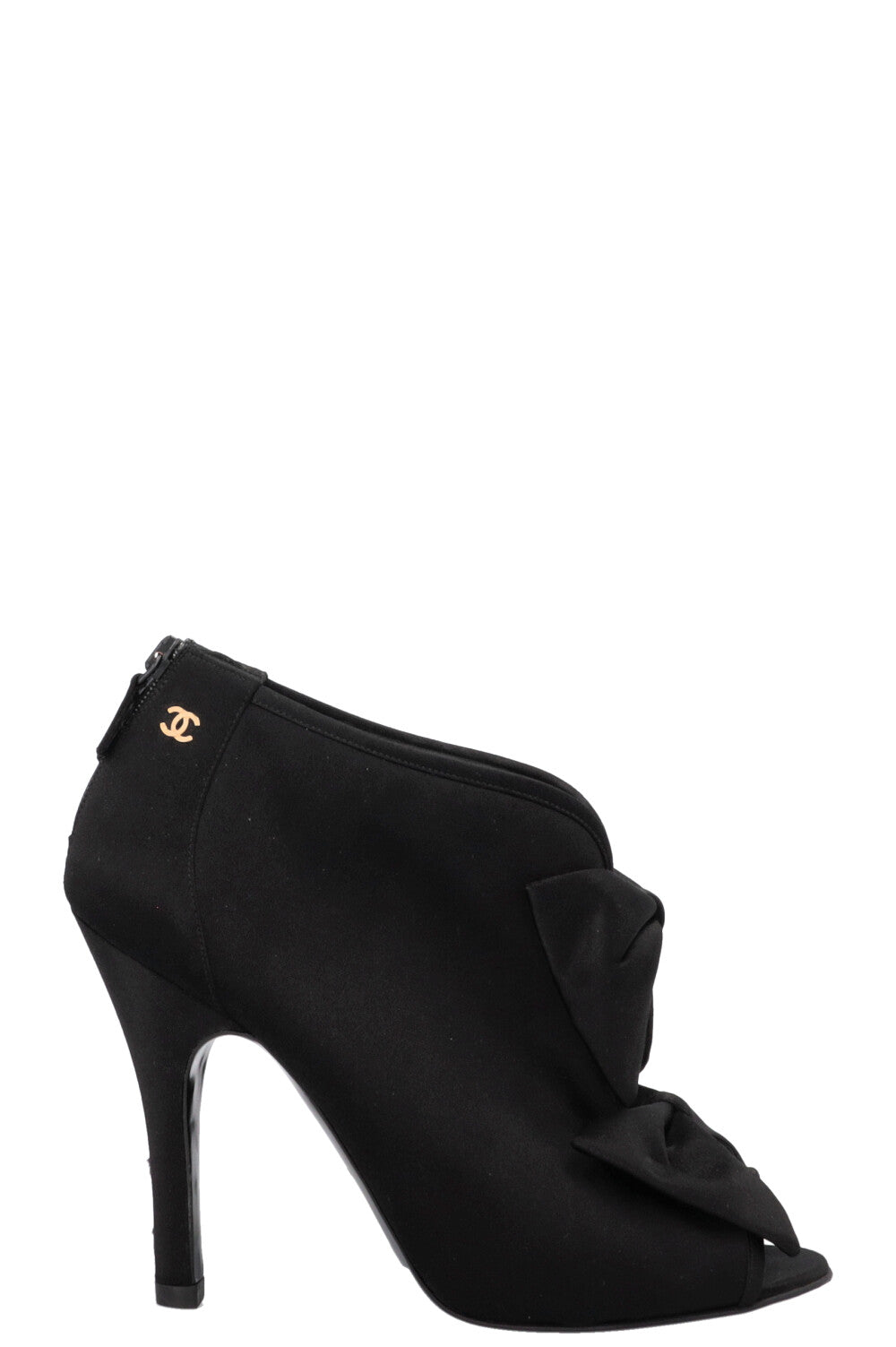 CHANEL Satin Bow Ankle Heels Black