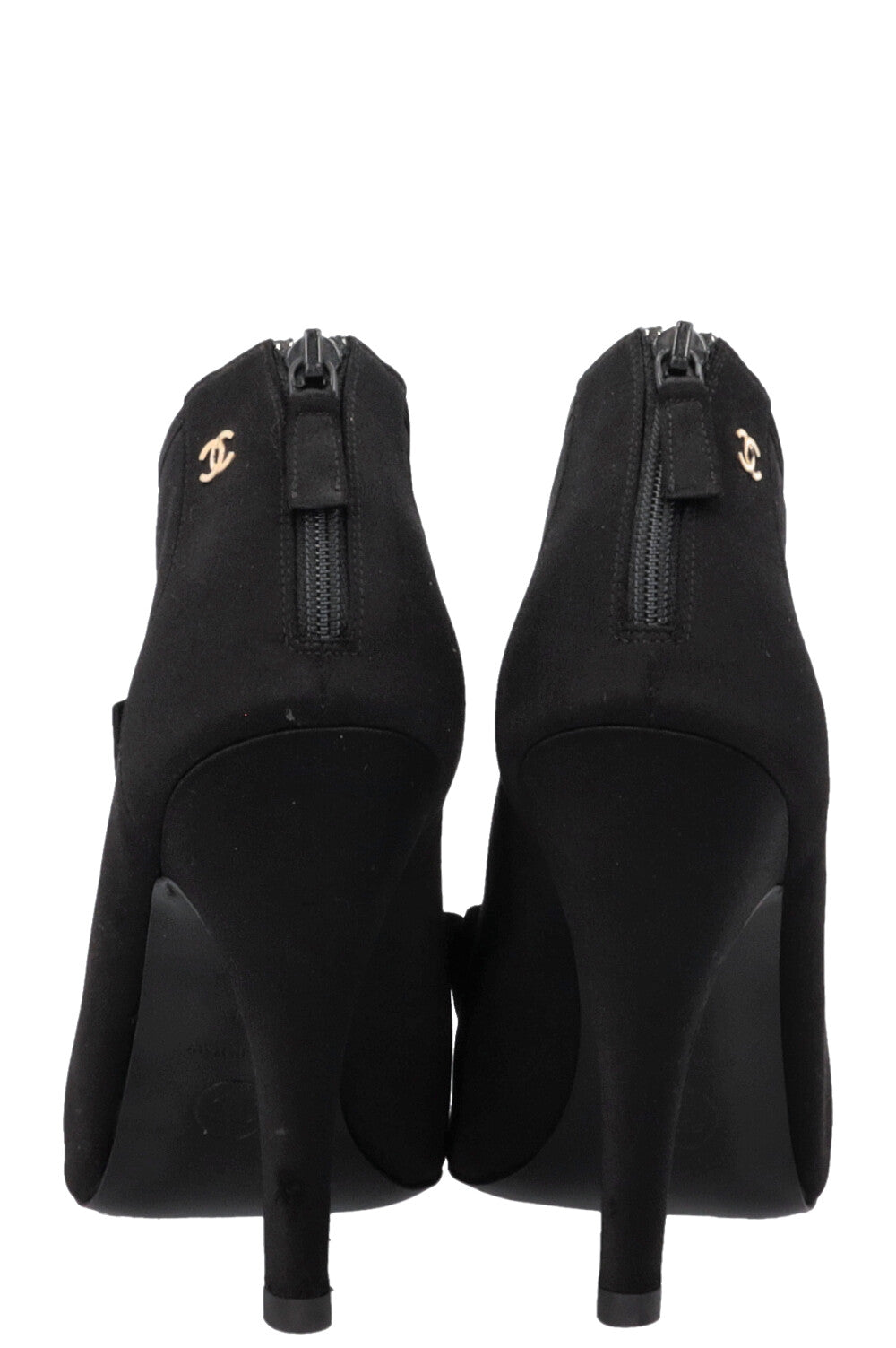 CHANEL Satin Bow Ankle Heels Black