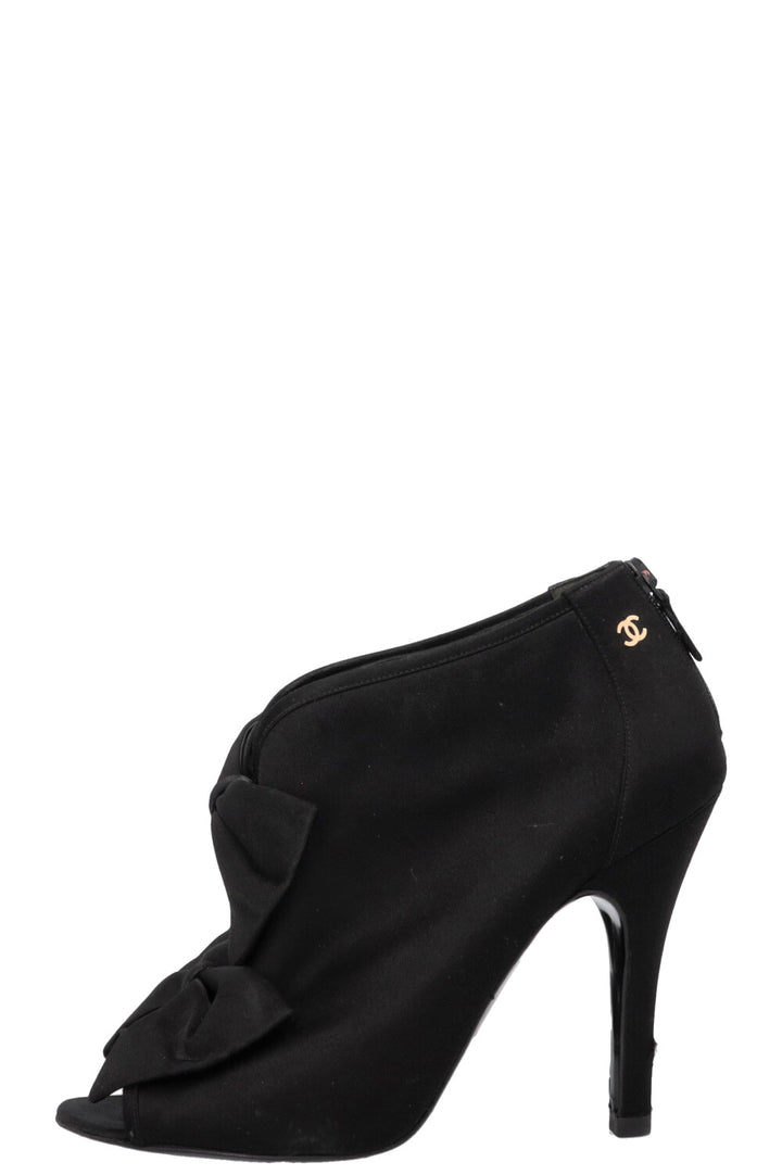 CHANEL Satin Bow Ankle Heels Black