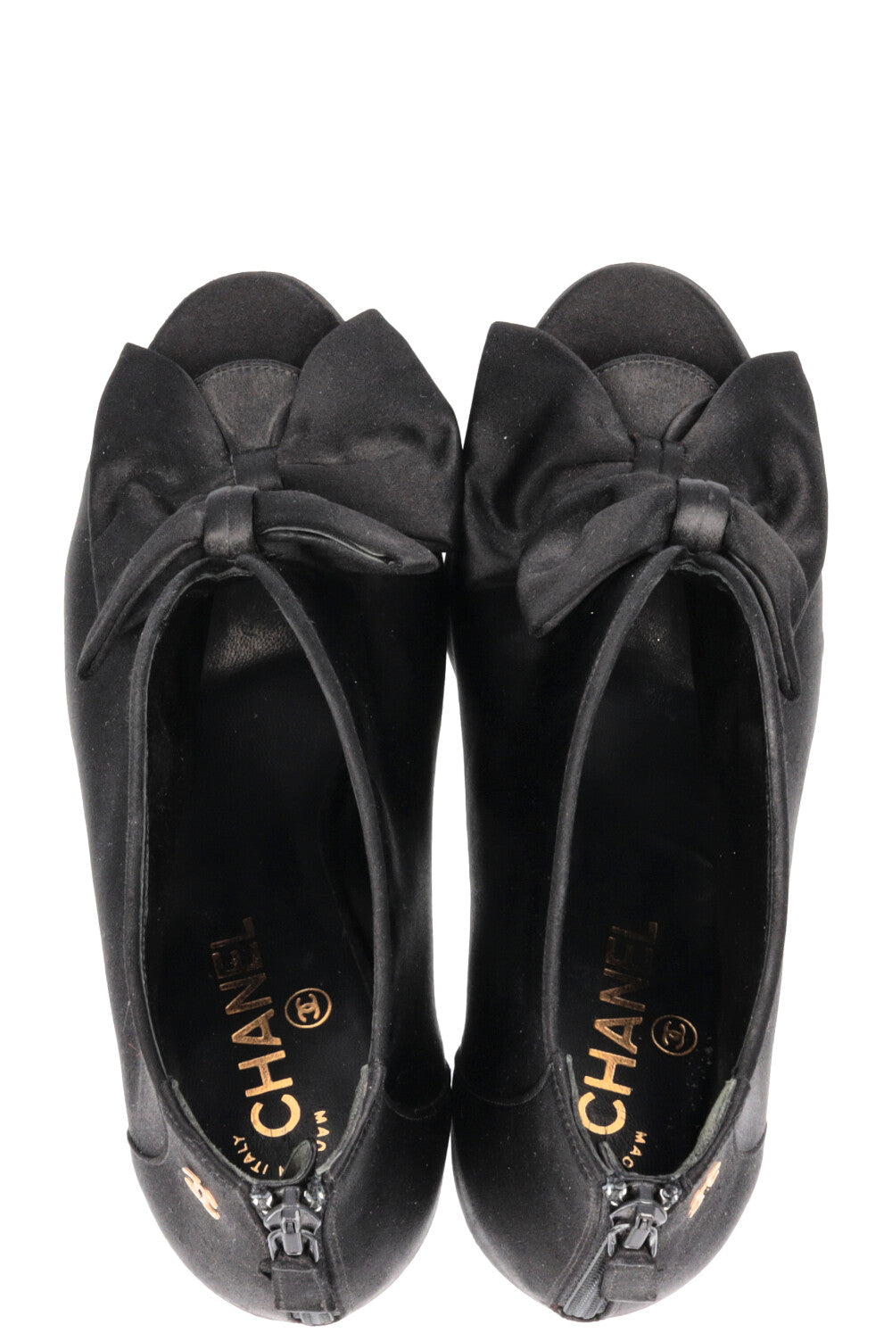 CHANEL Satin Bow Ankle Heels Black