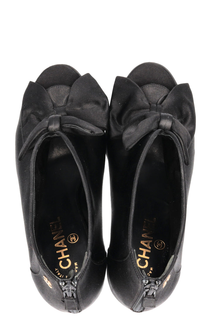 CHANEL Satin Bow Ankle Heels Black