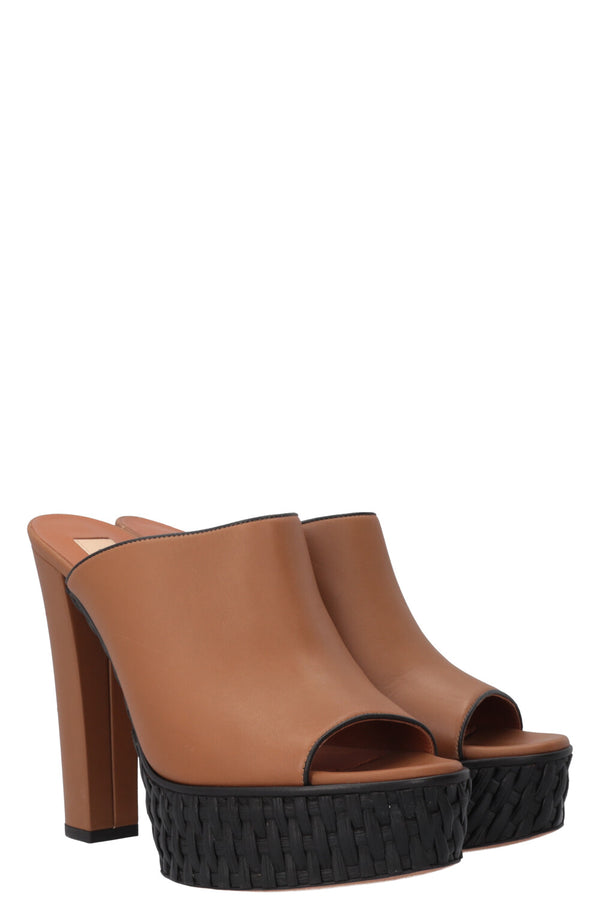 VALENTINO Raffia Plateau Mules Brown